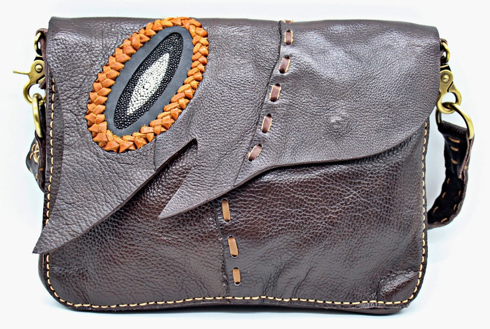 handmade bohemian leather messenger bag with stingray leather accent