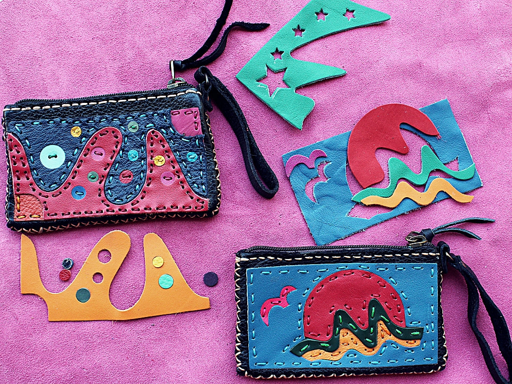 Handmade genuine leather collage art clutch- Planet design