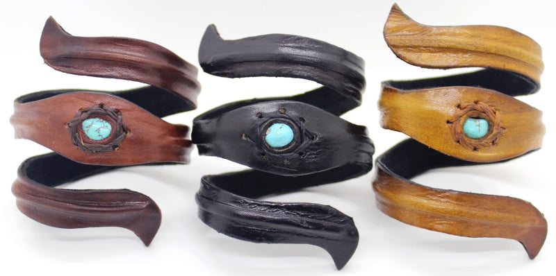 Handmade genuine leather hand tooled wrap cuff bracelet with stone