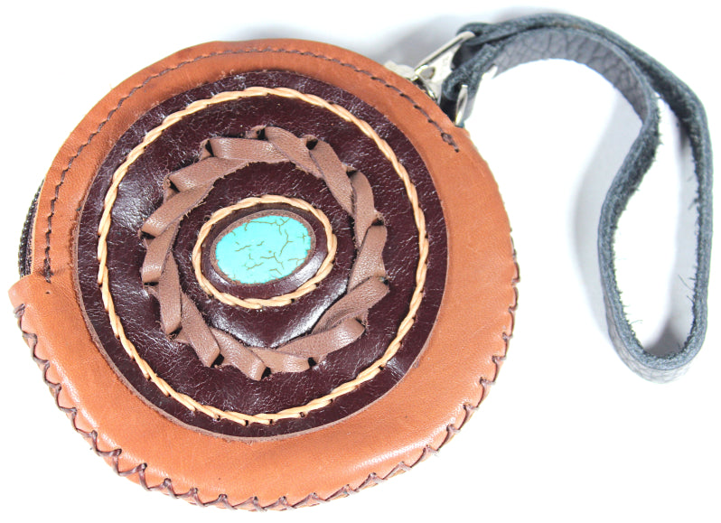 Handmade leather western round zip coin purse with stone accent and wrist strap