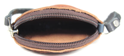 Handmade leather western round zip coin purse with stone accent and wrist strap