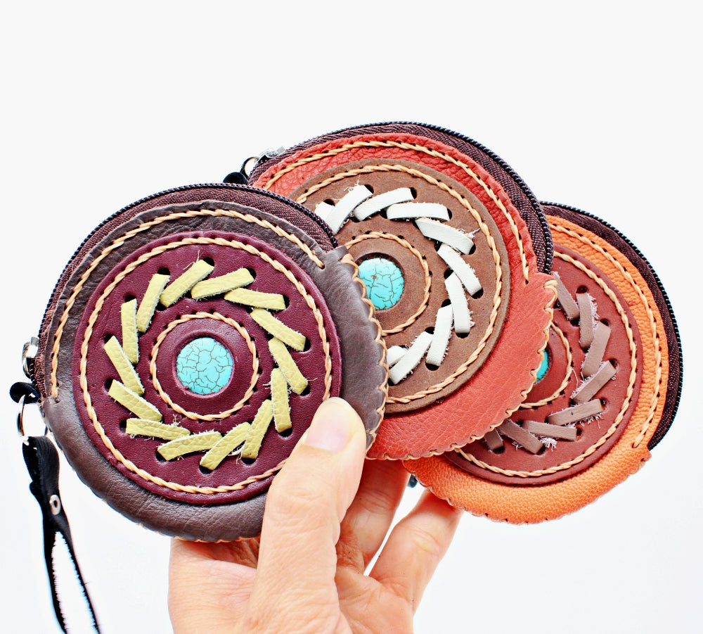 Handmade leather western round zip coin purse with stone accent and wrist strap