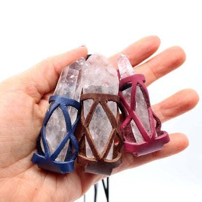 Handmade leather gemstone crystal holder/case necklace with stone