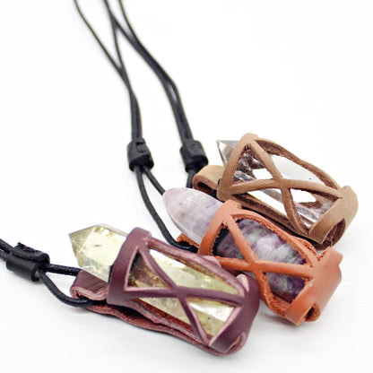 Handmade leather gemstone crystal holder/case necklace with stone