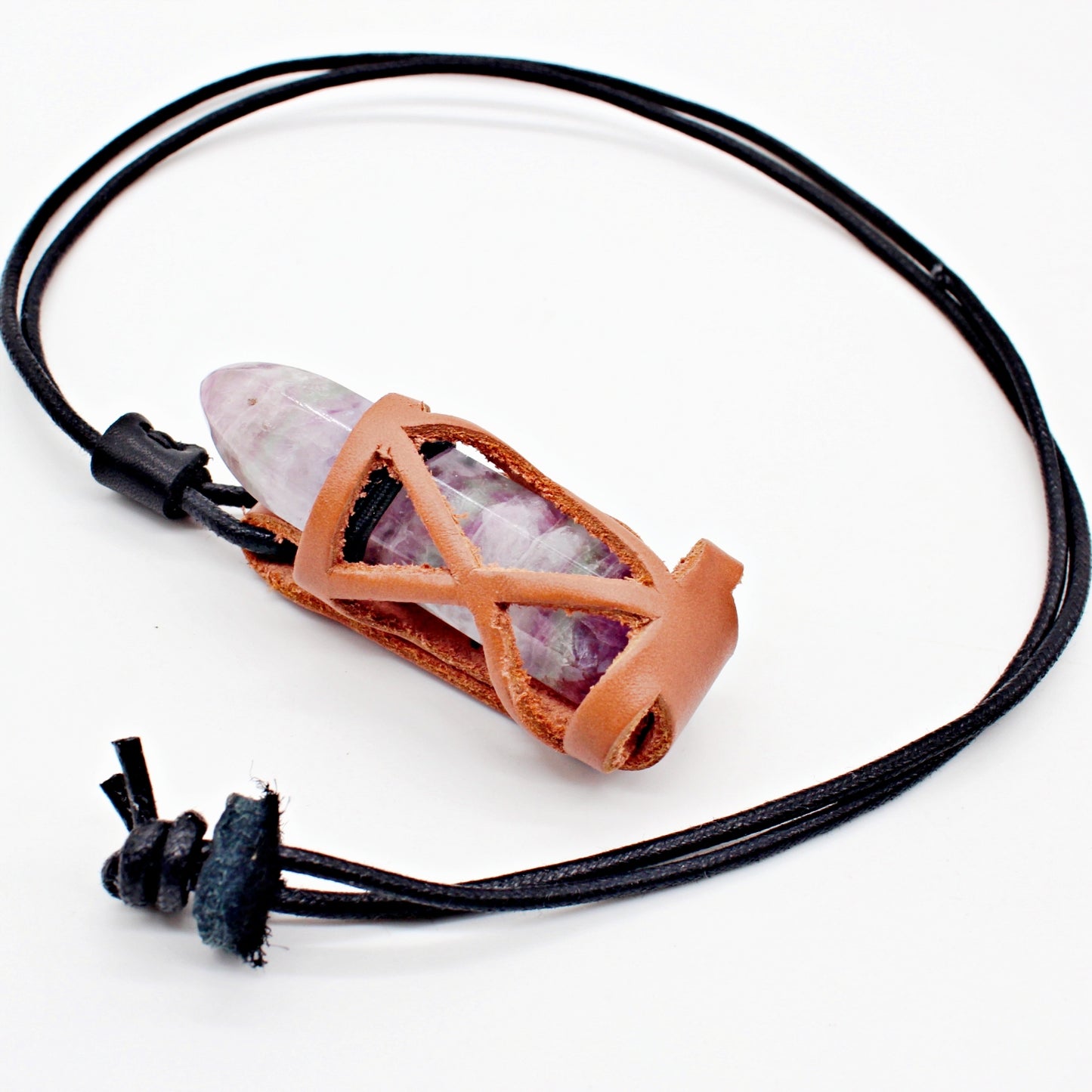 Handmade leather gemstone crystal holder/case necklace with stone