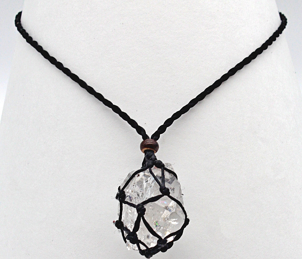 Handmade interchangeable macramé cage necklaces with tumbled stone