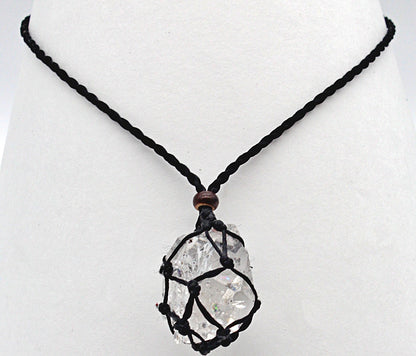 Handmade interchangeable macramé cage necklaces with tumbled stone