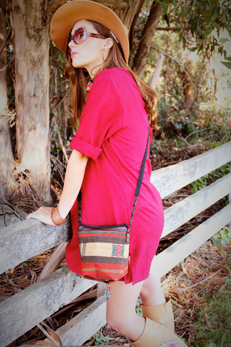 Handmade hill tribe artisan handwoven cotton patchwork crossbody small bucket bag