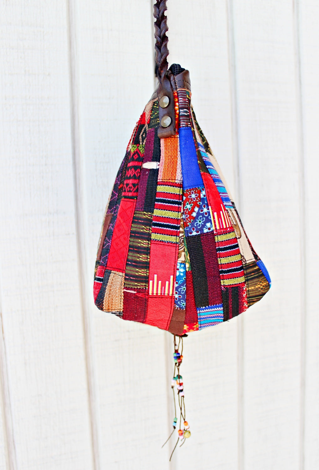 Handmade hill tribe artisan handwoven cotton patchwork crossbody small bucket bag