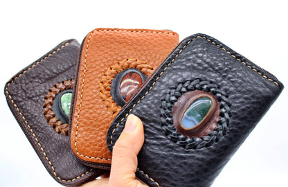 Handmade genuine pebble grain leather zipper wallet with precious stone accent