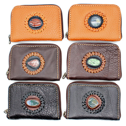 Handmade genuine pebble grain leather zipper wallet with precious stone accent