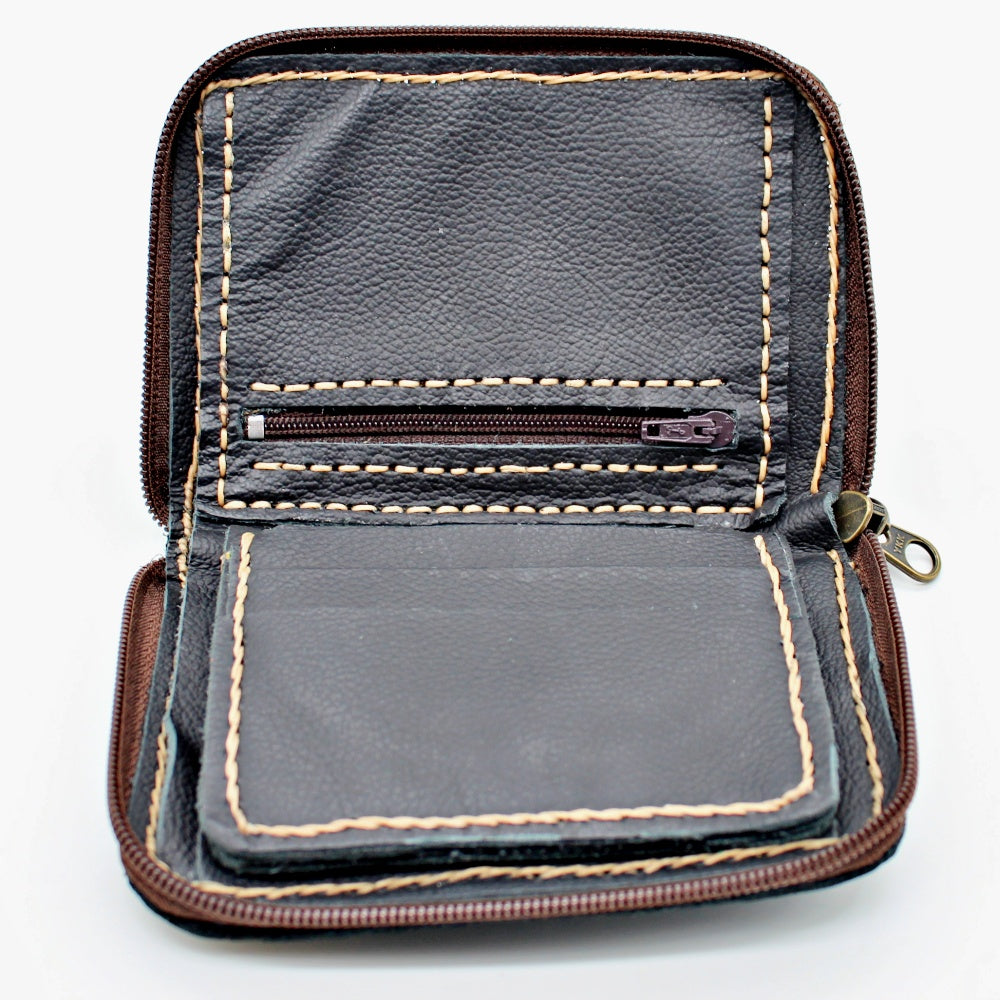 Handmade genuine pebble grain leather zipper wallet with precious stone accent