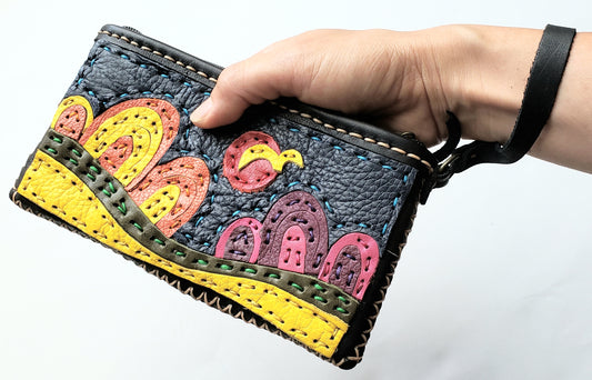 Handmade genuine leather collage art clutch/ wristlet