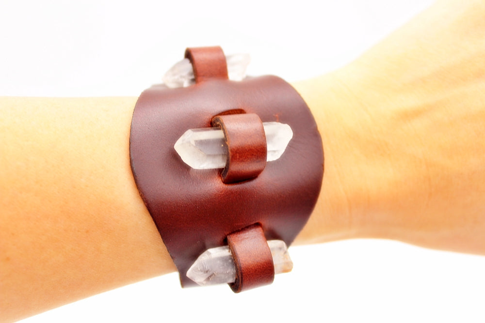 Handmade genuine  leather gem stone crystal holder bracelets/ cuffs single band(Without stones)