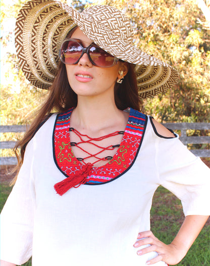 Peekaboo U-neck Blouse  with Hmong hill tribe up-cycle textile accent - Atlas Goods