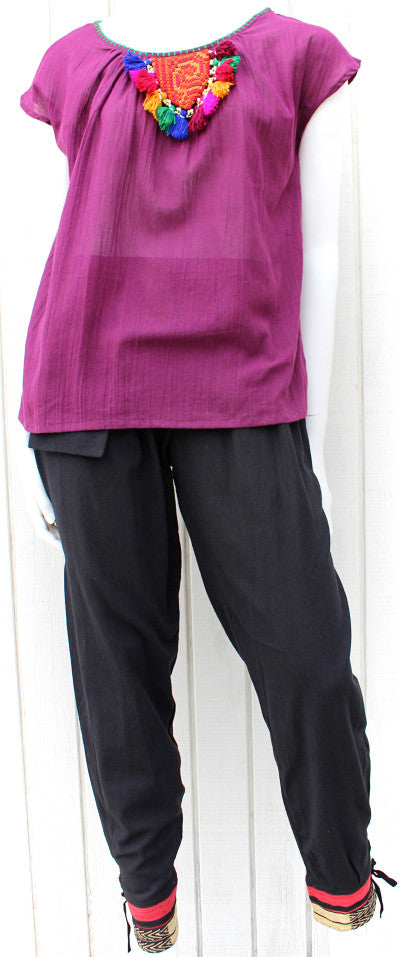 Cap sleeve blouse with up cycle Hmong hill tribe vintage textile accent - Atlas Goods