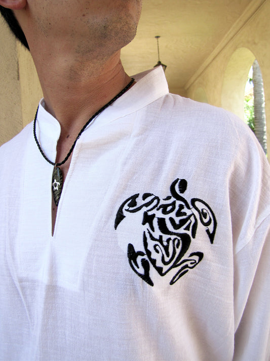 Men's shirt white chinese collar with celtic turtle embroidery / Beach wedding/ Yoga/ Renaissance Medieval