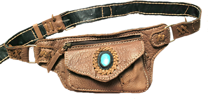 Handmade leather bohemian fanny bag with flap and hand selected semi- precious stone accent
