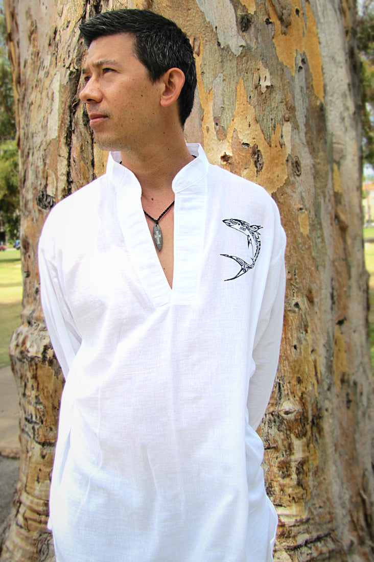 Men's shirt white chinese collar long sleeve with celtic shark embroidery/ Beach wedding/ Yoga/ Renaissance Medieval