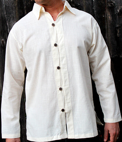 Men's shirt white button down long sleeve with coconut button / Beach wedding/ Yoga/ Renaissance Medieval