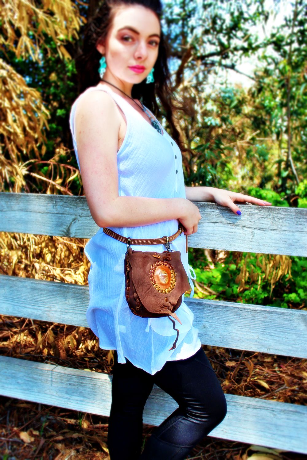 Handmade leather possible bag bohemian/ hippy style with blue stone accent