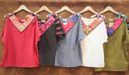 Slash sleeve V-neck blouse with Hmong hill tribe up-cycle textile accent - Atlas Goods
