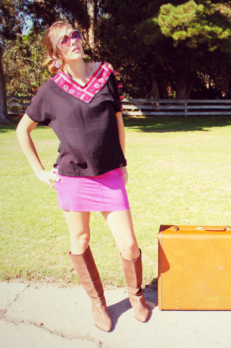 Slash sleeve V-neck blouse with Hmong hill tribe up-cycle textile accent - Atlas Goods