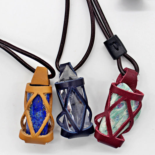 Handmade leather gemstone crystal holder/case necklace with stone