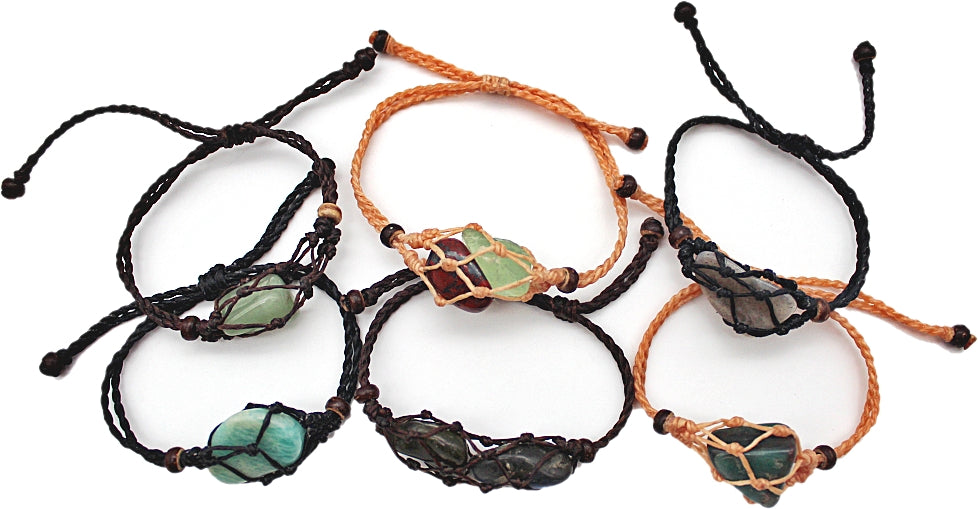 Handmade interchangeable macramé cage bracelet with tumbled stone