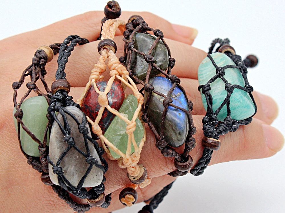 Handmade interchangeable macramé cage bracelet with tumbled stone