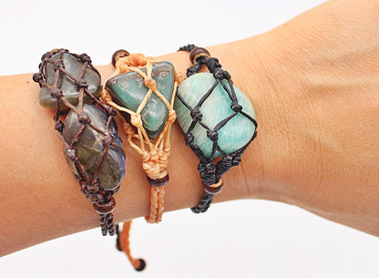 Handmade interchangeable macramé cage bracelet with tumbled stone