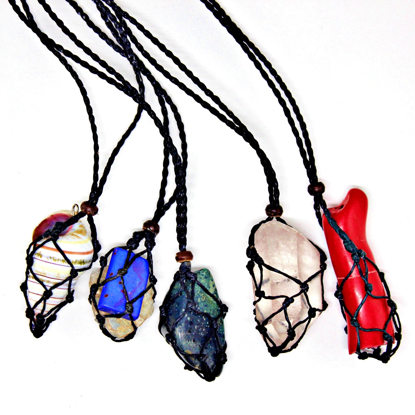 Handmade interchangeable macramé cage necklaces with tumbled stone