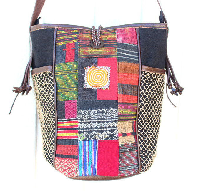 Handmade hill tribe artisan handwoven cotton patchwork crossbody bucket bag with leather strap - Atlas Goods