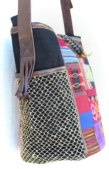 Handmade hill tribe artisan handwoven cotton patchwork crossbody bucket bag with leather strap - Atlas Goods