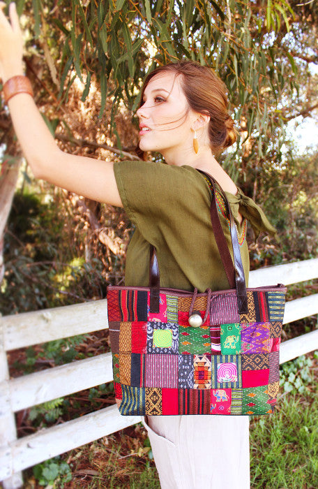 Handmade hill tribe artisan handwoven cotton patchwork with leather accent shoulder tote bag - Atlas Goods