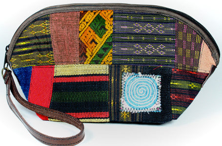 Handmade hill tribe artisan handwoven cotton patchwork with leather accent wristlet / clutch - Atlas Goods