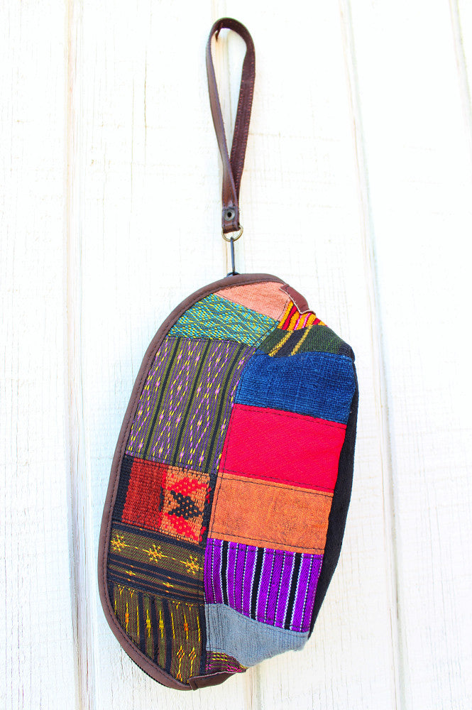 Handmade hill tribe artisan handwoven cotton patchwork with leather accent wristlet / clutch - Atlas Goods