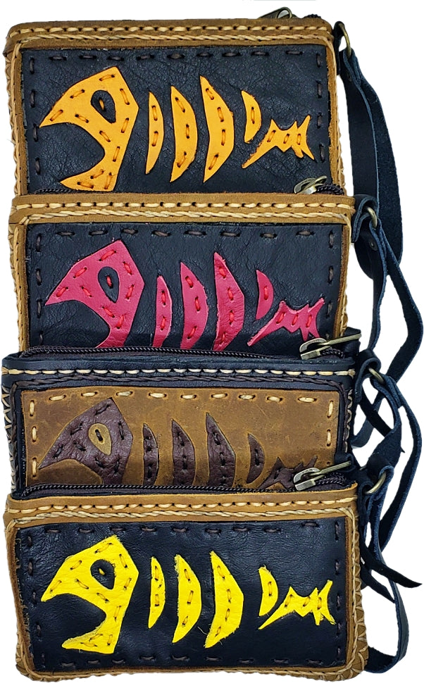 Handmade genuine leather collage art coin purse/ wallet-Fish bone design