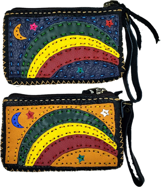 Handmade genuine leather collage art coin purse/ wallet-Rainbow design