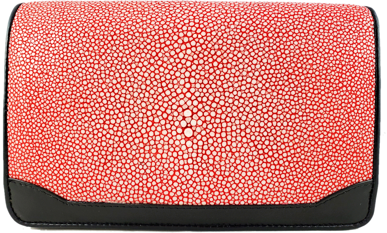 Genuine polished stingray leather medium crossbody purse/ clutch/ wristlet with black trim